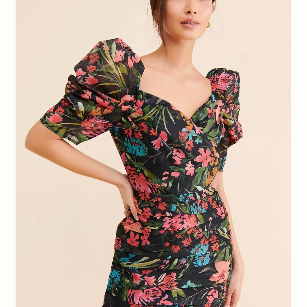 Anthropologie Black Floral Puff Sleeve Mini Dress
